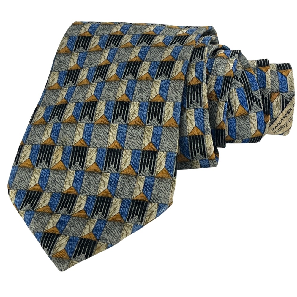 Ermenegildo Zegna Silk‎ Tie Men Blue Grey Gold Geometric Abstract Italian Made